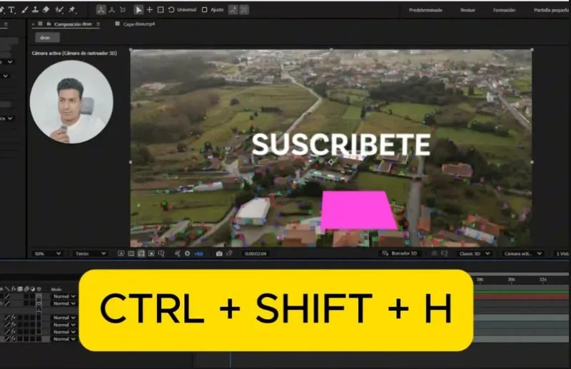 After Effects con la escena rastreada y el atajo Ctrl + Shift + H en pantalla