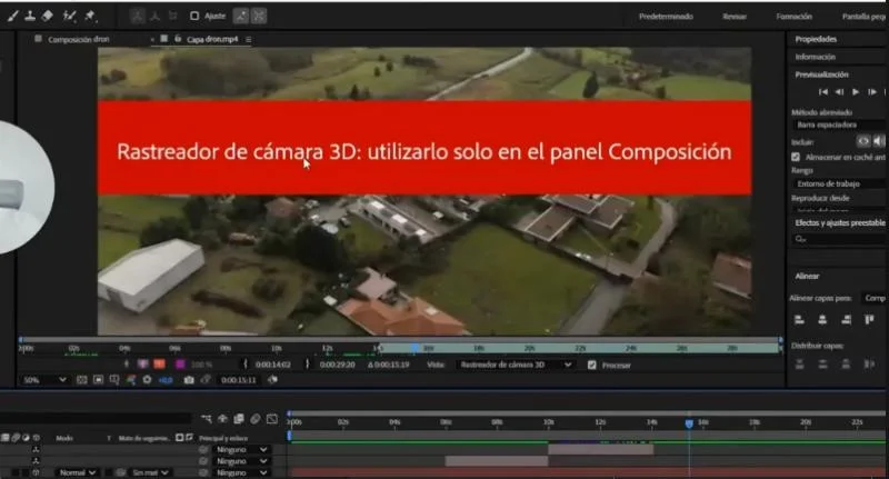 Panel de Capa abierto (pestaña Capa dron.mp4) con la franja roja: utilizarlo solo en el panel Composición